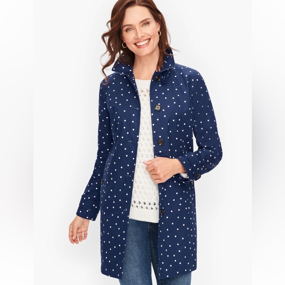 Talbots Rain Coat 8 Navy Blue /White Polka Dot Cotton Mac Button Closure